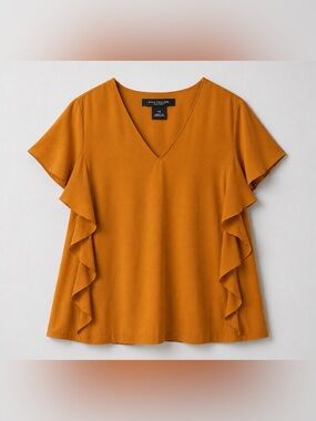 Ann Taylor Mustard Gold V-Neck Ruffle Sleeve Top